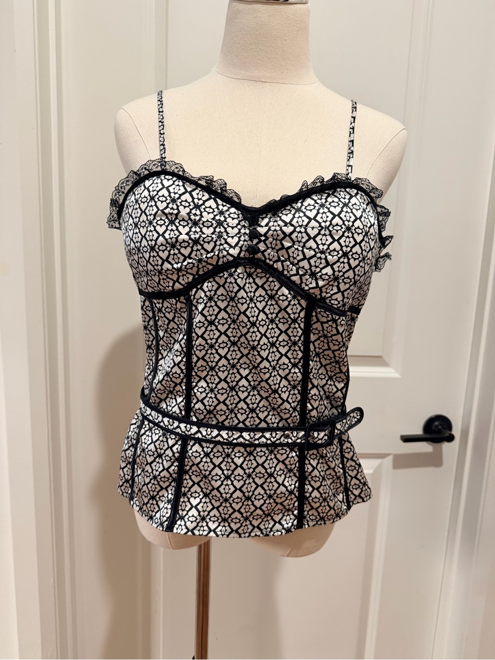 Vintage Cotton Works Geometric Boned Corset Top with Lace Trim & Belt Size XL